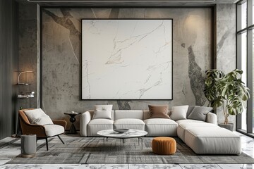 Mockup poster frame on the wall of living room. Luxurious apartment background with contemporary design. Modern interior design. 3D render, 3D, Generative AI