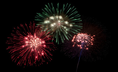 DIfferent colros and  types of fireworks in the sky background