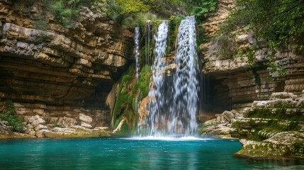 Fototapeta premium A majestic waterfall cascading into a serene pool, illustrating the beauty of natural forces.