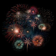 DIfferent colros and  types of fireworks in the sky background