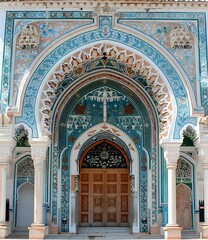 Obraz premium Ornate Entrance of a Building with Blue and White Tiles