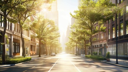 Fototapeta premium Sunny City Street with Lush Green Trees and Sunlight