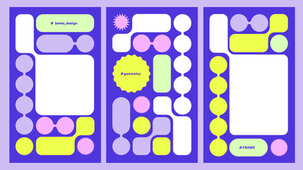 Y2K Trendy Geometry Design elements, bento design. Set of mobile compositions. Abstract futuristic shapes. Colorful Web frame set, blocks, grid concept. Trending brick Ui template. Web comics grids
