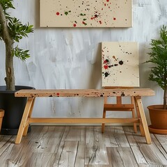 Wooden bench in front of abstract paintings