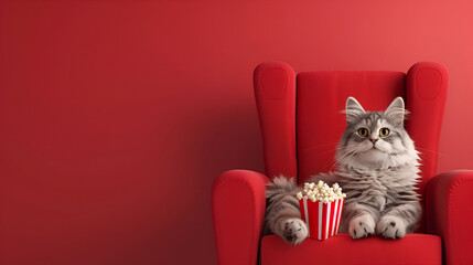 cat sitting on a sofa and eating popcorn ,generative ai