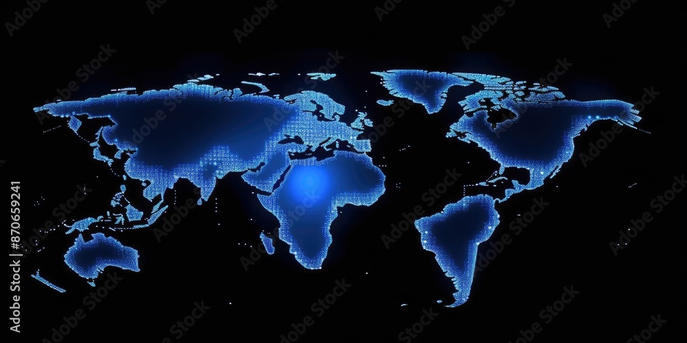 Poster glowing digital world map on a dark background with sparkling light points. global communication and
