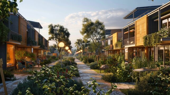 A mixed-use neighborhood with eco-friendly townhouses, community orchards, and solar-powered street lamps.