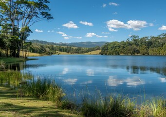 Serene lake reflecting the sky surrounded by lush greenery