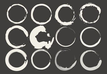 Hoja de iconos de círculos de trazo de pincel blanco en fondo negro