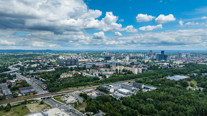beautiful summer panorama of the city of Katowice - green city - skyscrapers among parks