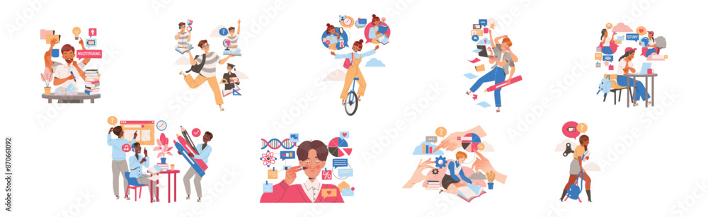Aufkleber people student characters learning multitasking switching between different activities vector set