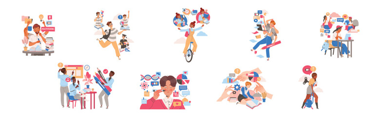 Fototapeta premium People Student Characters Learning Multitasking Switching Between Different Activities Vector Set