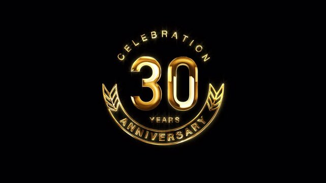 30th Golden Anniversary Celebration. Happy 30 Years Anniversary Animation in Gold Color on the Transparent Background, Alpha Channel. Great for greetings, celebrations, events, and gifts.