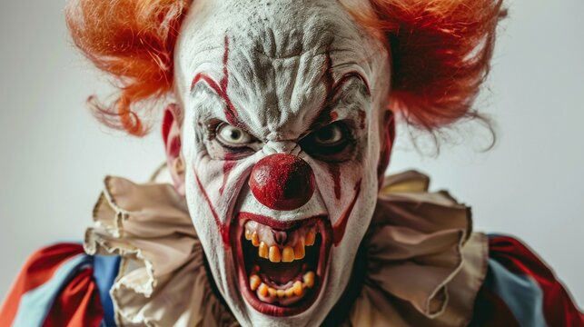 A scary clown with a white face and red accents, open mouth with sharp teeth, in traditional costume with a ruffled collar, looks menacing