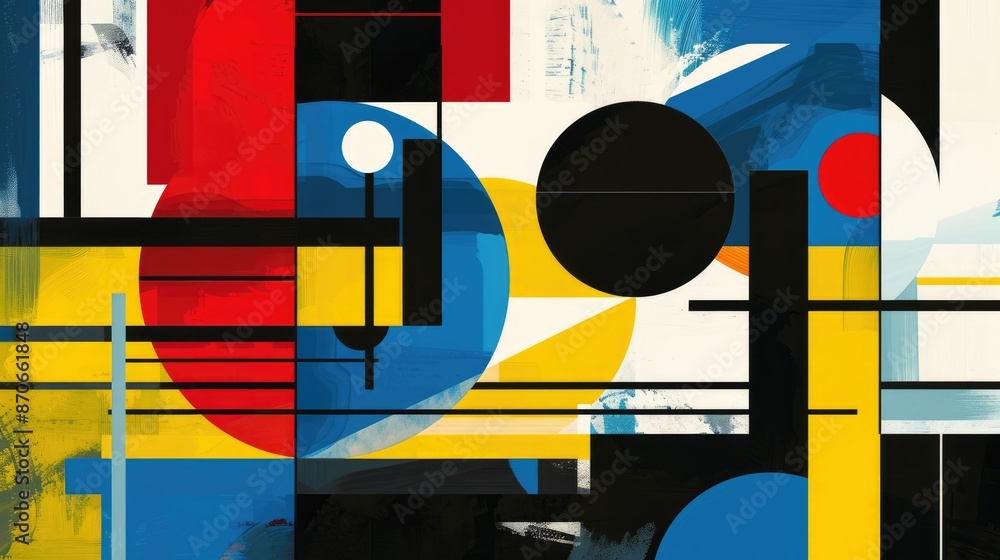 Poster dynamic composition of abstract geometric shapes with bold colors, creating a vibrant and modern des