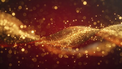 Glowing Gold Particles and Dust Trail on Dark Red Background