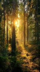 Fototapeta premium Sunbeams through Forest Trees