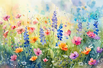 Obraz premium Watercolor of beautiful spring flowers on a meadow.