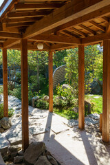 Japanese garden in public landscape park of Krasnodar or Galitsky park, Russia