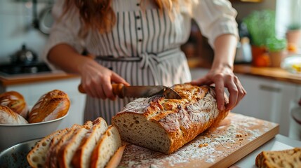 A woman&rsquo;s hands, against the background of a modern kitchen, cut craft bread with a golden crust on the table.