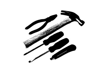 vector image of mechanic carpenter tool of wrenches and hammer on transparent black and white background mocup