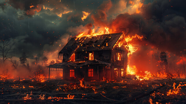 illustration of house burned down by fire