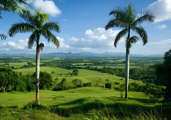 Two Palm Trees in a Green Valley Landscape