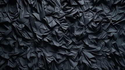 Abstract background with black crumpled paper pieces in layered collage on wall. Dark decorative pattern with rugged and folded torn sheets. Header illustration for banner design. Generative AI.