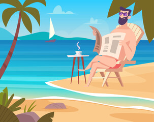 Fototapeta premium man sitting on sea. relax time on seaside cartoon landscape