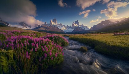 AI generator image of large wildflowers with a stream leading to patagonia mountain peaks
