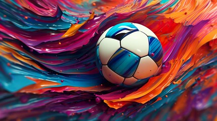 Abstract background with soccer ball flying in acrylic paints explosion and splashing. Football sphere flying with vibrant fluid colours splatter. Header illustration for banner design. Generative AI.
