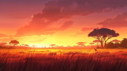 Fototapeta premium African Savanna Sunset with a Solitary Giraffe