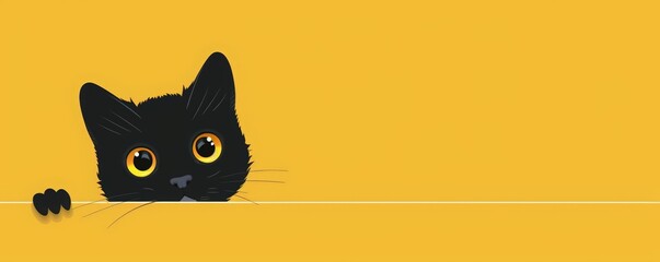 Fototapeta premium Cute black cat peeking from top corner of yellow background vector presentation design template for children school kids project, cute animal character concept art design vector presentation