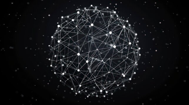 central circle in the shape of a ball, representing blockchain nodes, spherical network pattern encircling it, 3D design expanding outwards, set against a black backdrop.