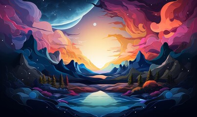 colorful surreal landscapes representing abstract adventure flat design front view dreamlike theme cartoon drawing Splitcomplementary color scheme