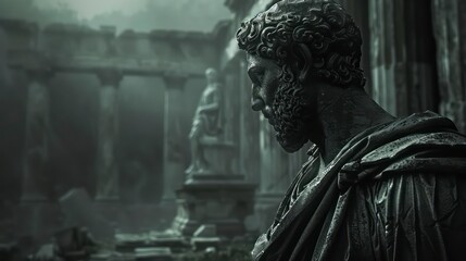 towering statue of a muscular Greek man, representing stoicism, stands amidst grand columns, embodying ancient Greek architecture and society's deep philosophical ideals of strength and endurance.