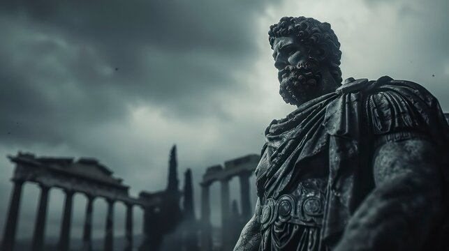 towering statue of a muscular Greek man, representing stoicism, stands amidst grand columns, embodying ancient Greek architecture and society's deep philosophical ideals of strength and endurance.