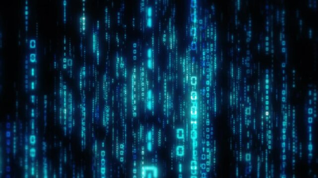 Blue binary matrix background. Computer technology digital numbers flow glowing screen