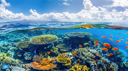 bottom view is A vibrant coral reef with colorful fish swimming around, showcasing the beauty of underwater life and marine wildlife