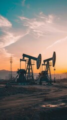Fototapeta premium Two oil rigs stand tall against a vibrant sunset sky, silhouetted against the warm colors of twilight