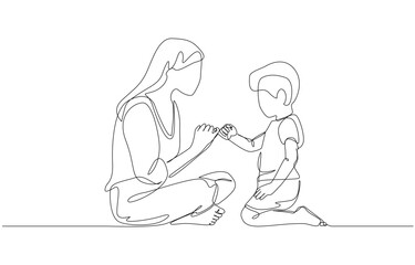Continuous one line drawing of mother and son hook each other's little fingers, training and teaching children from parents concept, single line art.