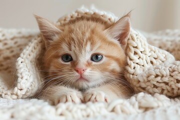 Obraz premium Adorable Ginger Kitten Resting Under Blanket