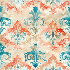 Venetian pattern in Turquoise, coral, and sand, watercolour style, seamless pattern, vintage, interior tile ornament, textile, wrapping paper, clothes, print, floor, kitchen, bathroom, decor