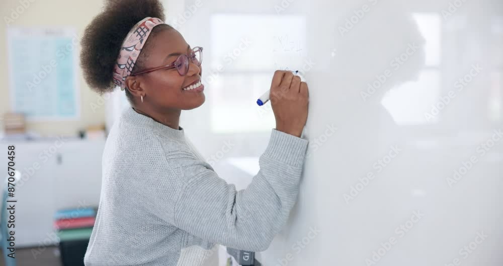 Aufkleber education, teacher and black woman with whiteboard, explain and learning with knowledge. brainstormi