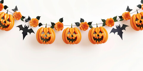 Halloween festive garland of pumpkins, spiders and bats isolated on a white background. Getting ready for a Halloween party. Celebrate a fun Halloween in the fall.