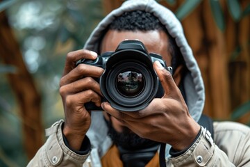 Fototapeta premium man hand holding camera looking through lens. ai generated