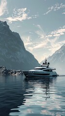Luxury yacht on serene lake surrounded by mountains, calm water reflections. Adventure and tranquility concept