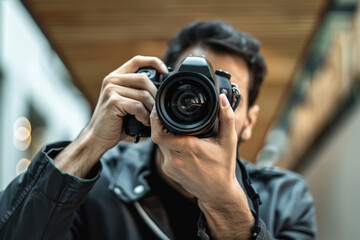 Fototapeta premium man hand holding camera looking through lens. ai generated