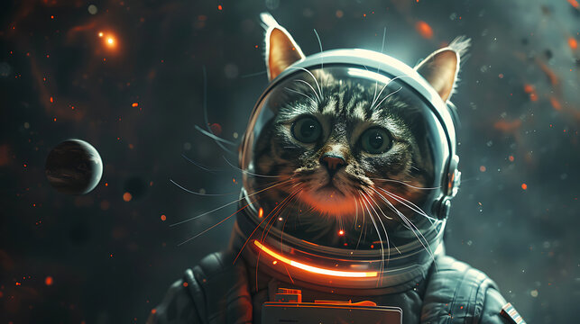 illustration of realistic astronaut cat in space