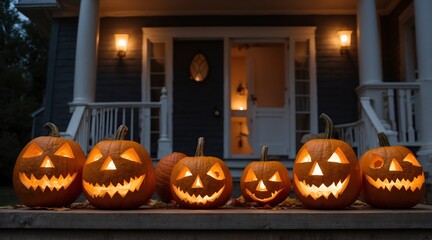 Halloween jack o lanterns on a front porch